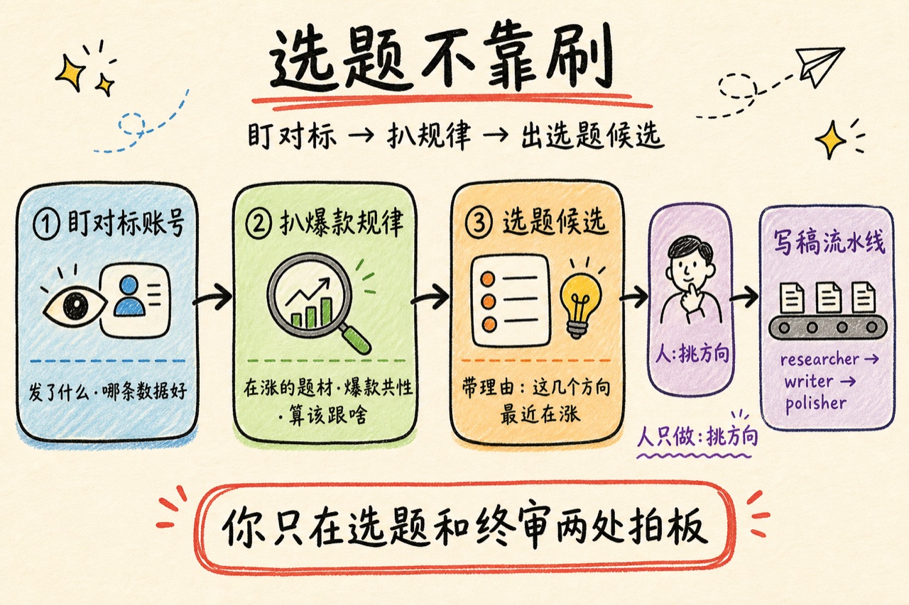 选题引擎流程：盯对标账号、扒爆款规律算该跟啥、每天给带理由的选题候选，人只挑方向，选完进写稿流水线