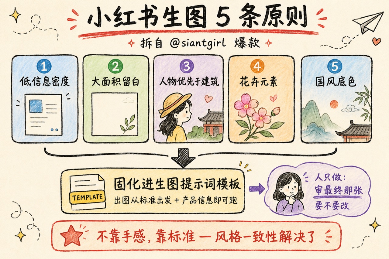 小红书生图 siantgirl 5 条原则：低信息密度、大面积留白、人物优先于建筑、花卉元素、国风底色，固化进生图提示词模板，AI 按标准执行